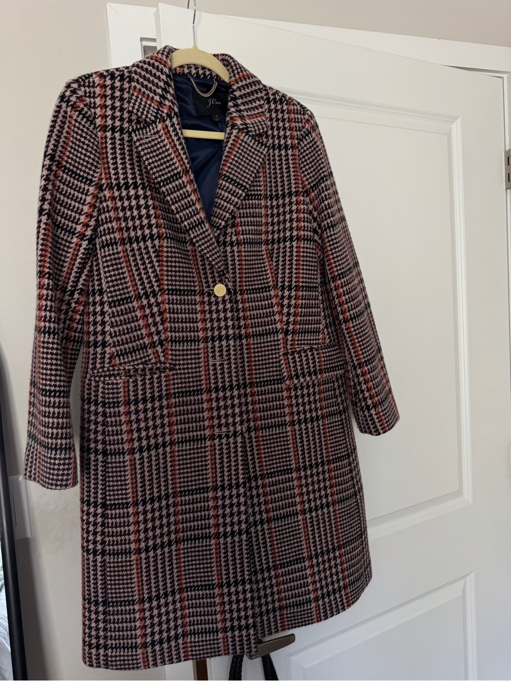 Vintage J.Crew Tan and Purple Plaid Houndstooth Wool-Blend Pea Coat